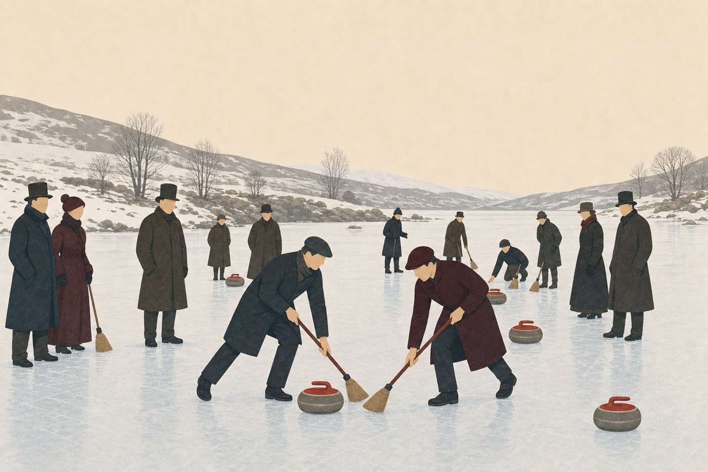 Curlers on a frozen Scottish loch in the 1800s, in long coats and hats, with straw brooms.