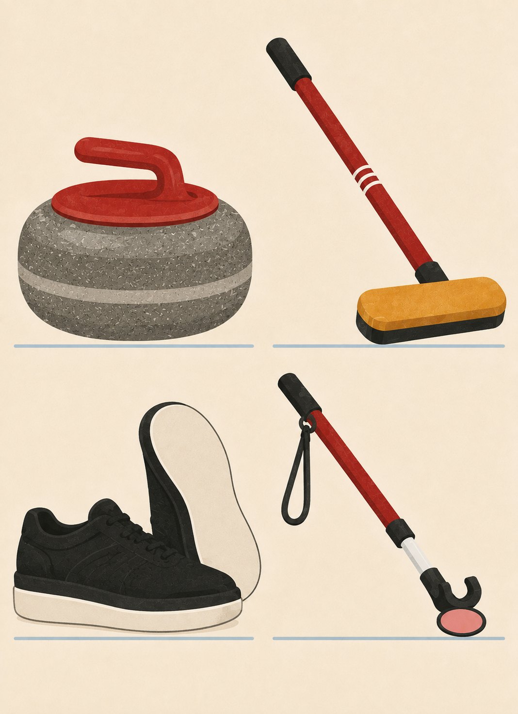 A curling stone, a broom, a curling shoe and a delivery stick, laid out.