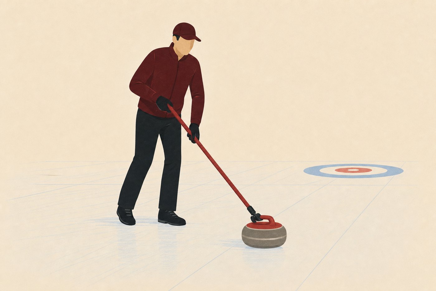 A curler delivering a stone while standing upright, using a delivery stick clipped over the handle.
