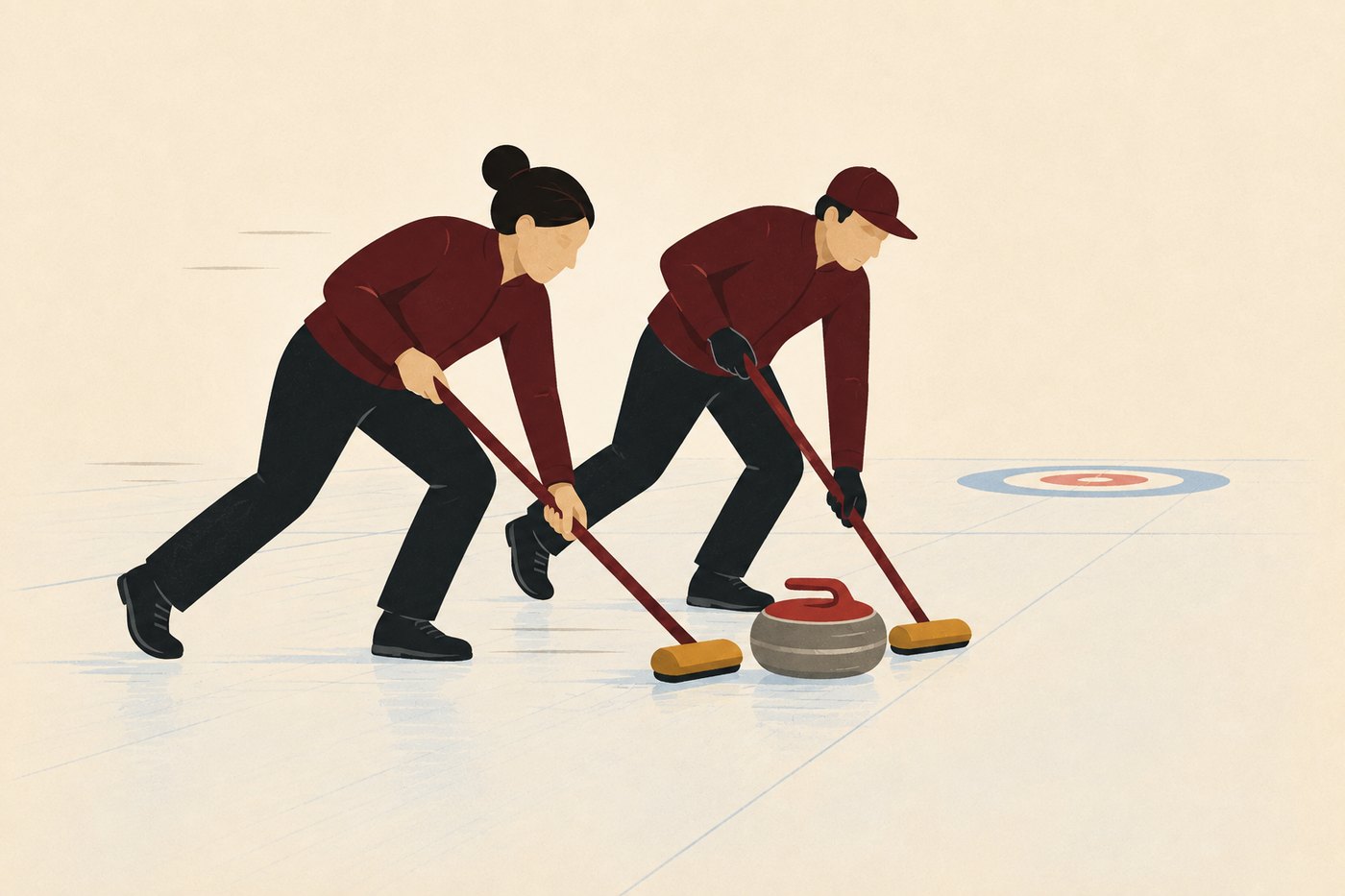 Two curlers sweeping hard in front of a moving stone as it travels towards the house.