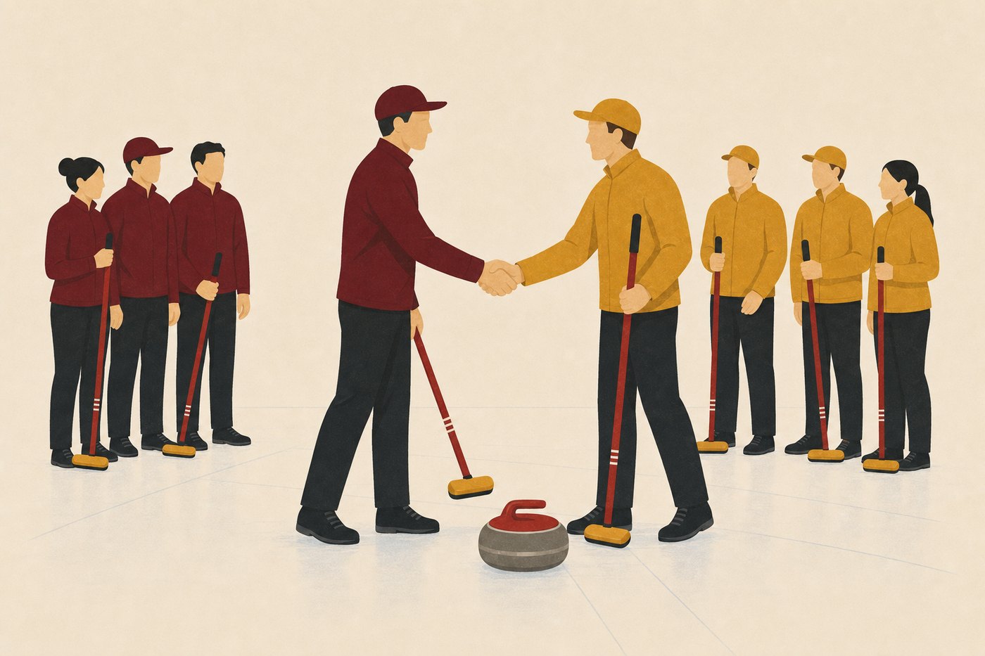Two curlers shaking hands on the ice at the end of a game, both teams gathered behind them.