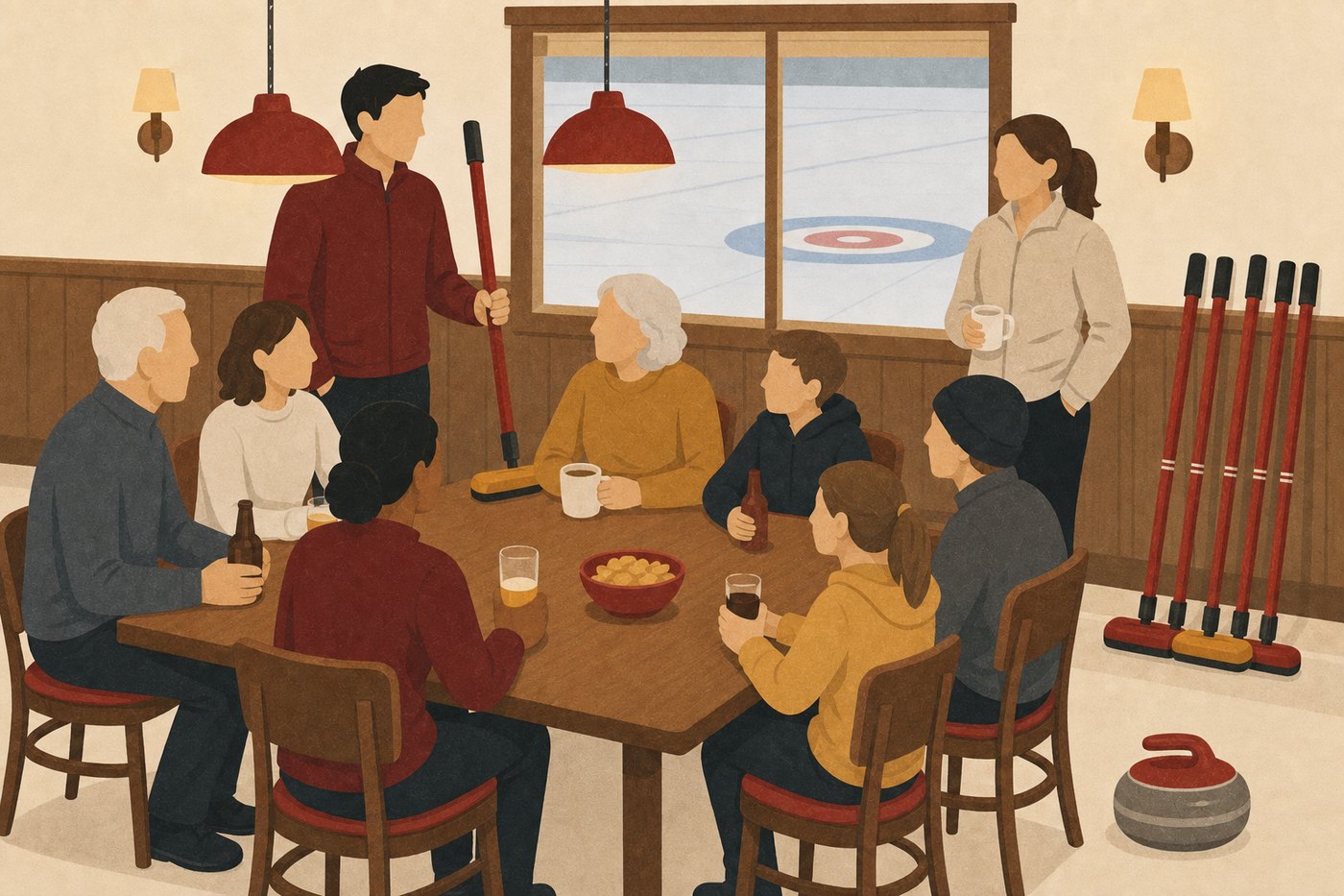 A warm clubroom after a game: people of all ages round a table, brooms stacked against the wall.